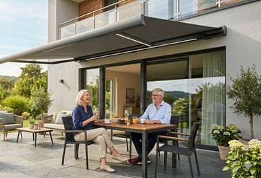 Moderne Terrasse mit Markise – Saisonaktion 2026 von Geiger & Schlesinger Esslingen
